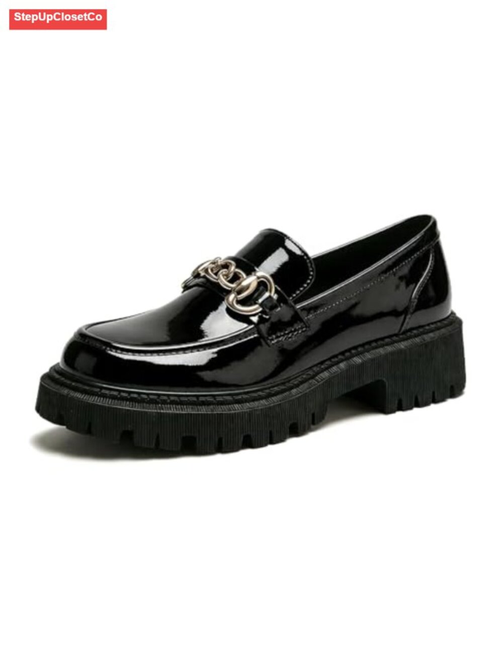 Patent Chain Loafers Round Toe Chunky Platform Lug Sole Dress Shoes